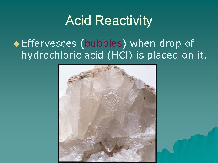 Acid Reactivity u Effervesces (bubbles) when drop of hydrochloric acid (HCl) is placed on