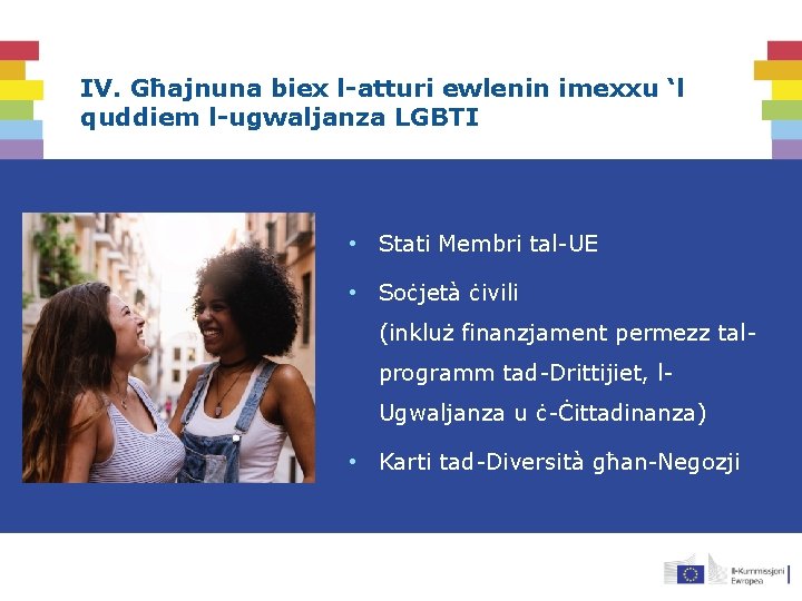 IV. Għajnuna biex l-atturi ewlenin imexxu ‘l quddiem l-ugwaljanza LGBTI • Stati Membri tal-UE