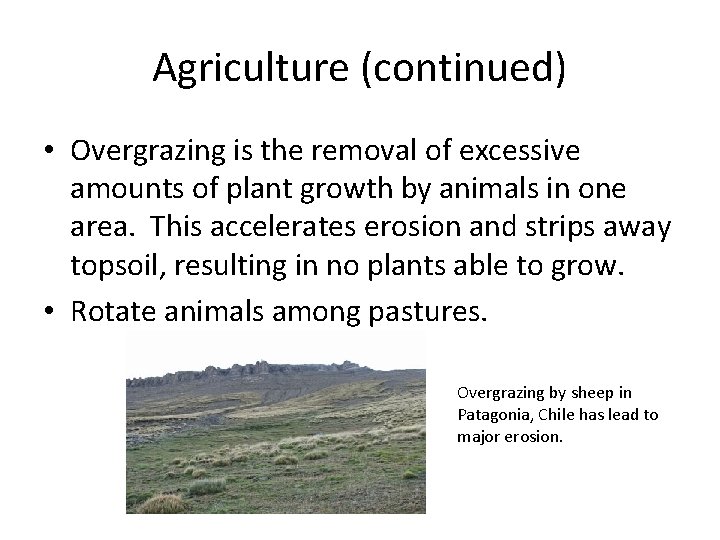 Agriculture (continued) • Overgrazing is the removal of excessive amounts of plant growth by