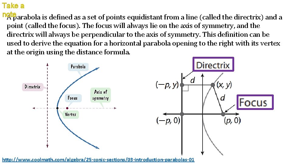 Take a note A parabola is defined as a set of points equidistant from