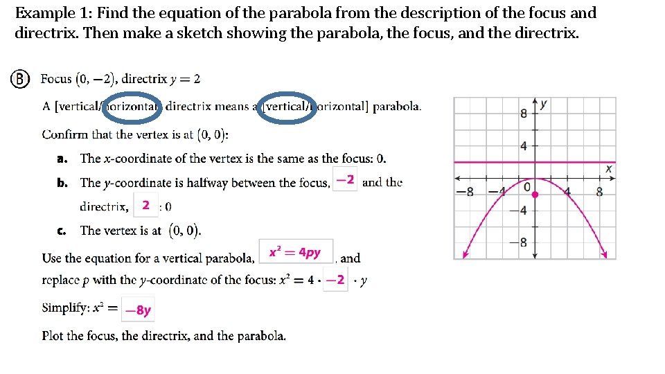 Example 1: Find the equation of the parabola from the description of the focus