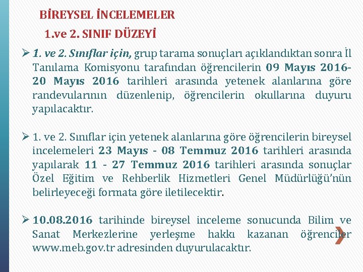 BİREYSEL İNCELEMELER 1. ve 2. SINIF DÜZEYİ Ø 1. ve 2. Sınıflar için, grup