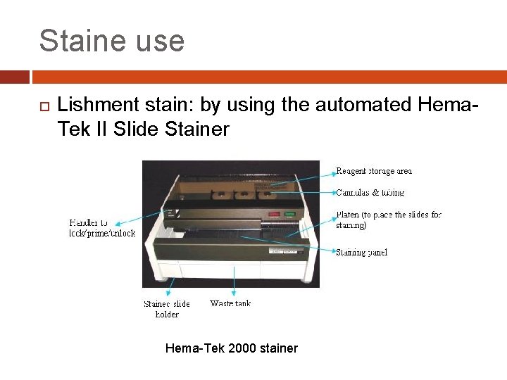 Staine use Lishment stain: by using the automated Hema. Tek II Slide Stainer Hema-Tek