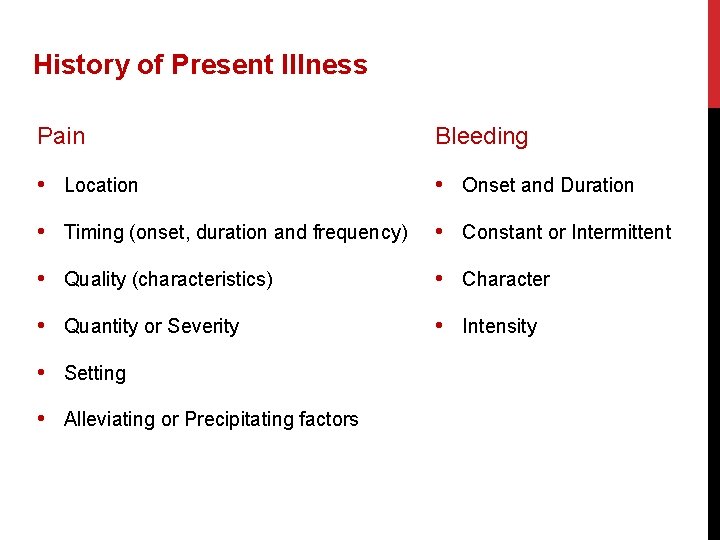 History of Present Illness Pain Bleeding • Location • Onset and Duration • Timing