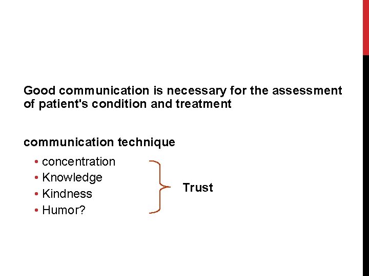 Good communication is necessary for the assessment of patient's condition and treatment communication technique
