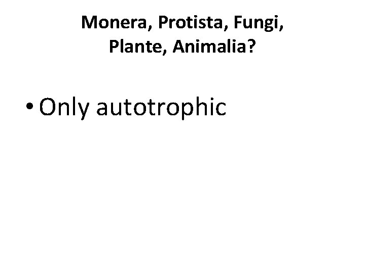 Monera, Protista, Fungi, Plante, Animalia? • Only autotrophic 