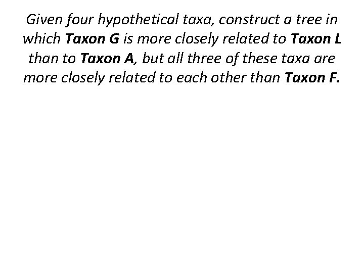 Given four hypothetical taxa, construct a tree in which Taxon G is more closely