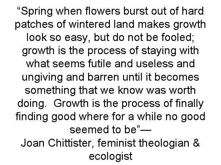 “Spring when flowers burst out of hard patches of wintered land makes growth look