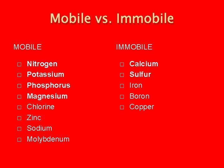 Mobile vs. Immobile MOBILE � � � � Nitrogen Potassium Phosphorus Magnesium Chlorine Zinc