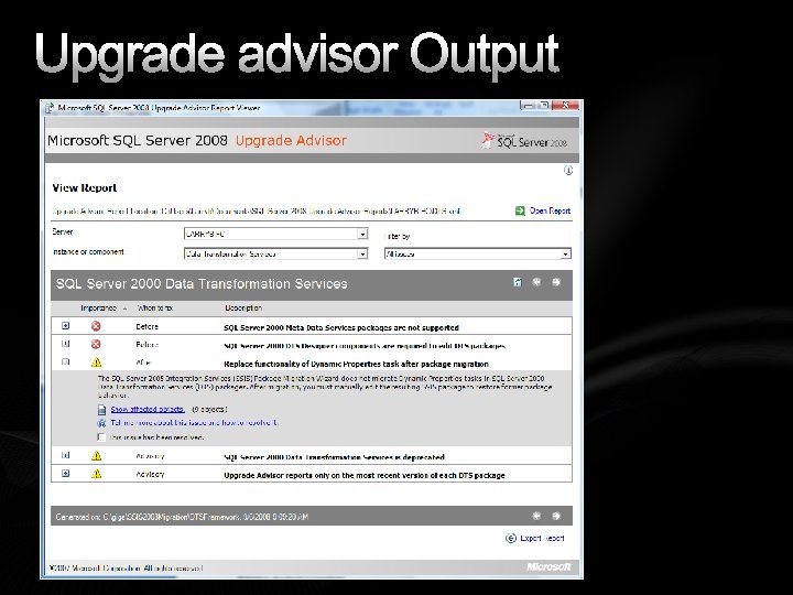 Upgrade advisor Output 