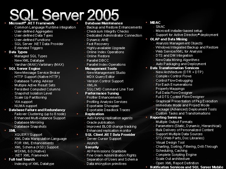 SQL Server 2005 • Microsoft®. NET Framework • Common Language Runtime integration • User-defined