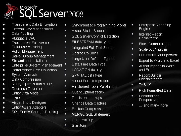 Transparent Data Encryption External Key Management Data Auditing Pluggable CPU Transparent Failover for Database