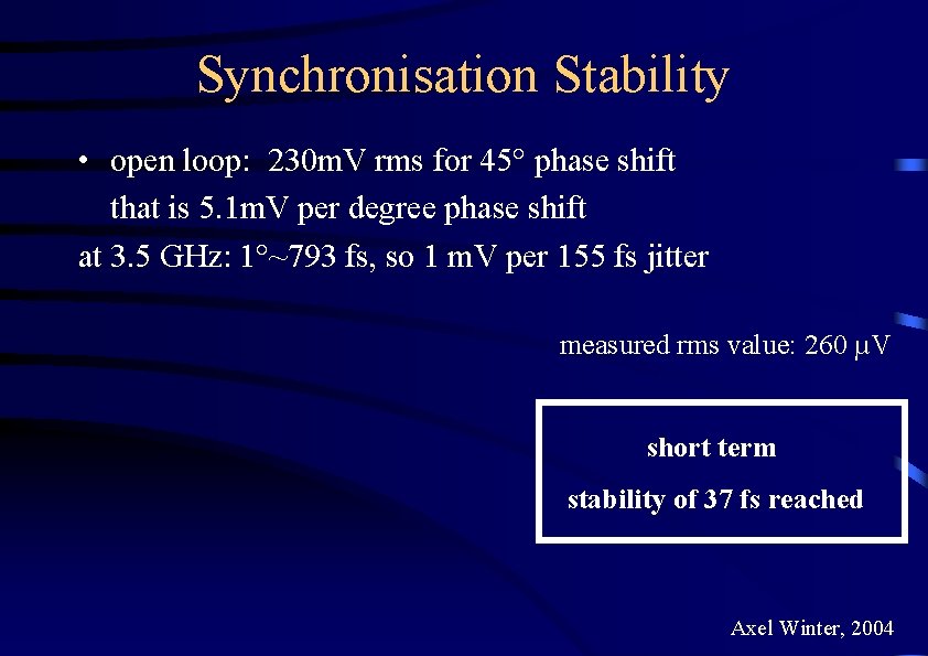 Synchronisation Stability • open loop: 230 m. V rms for 45° phase shift that