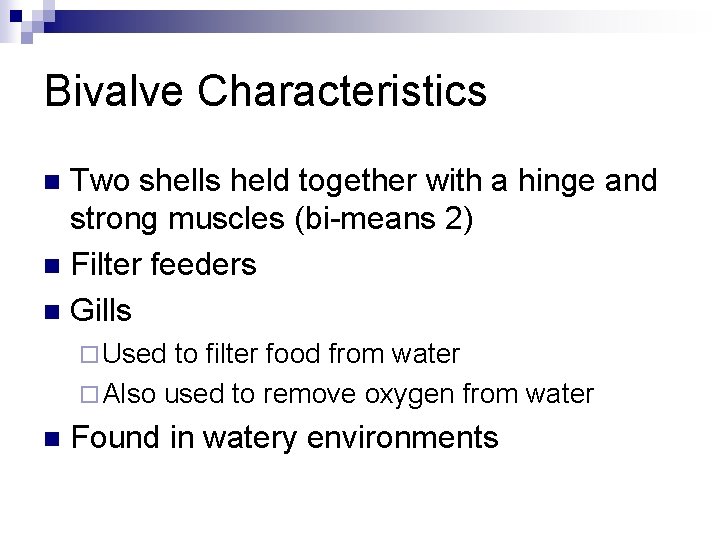 Bivalve Characteristics Two shells held together with a hinge and strong muscles (bi-means 2)