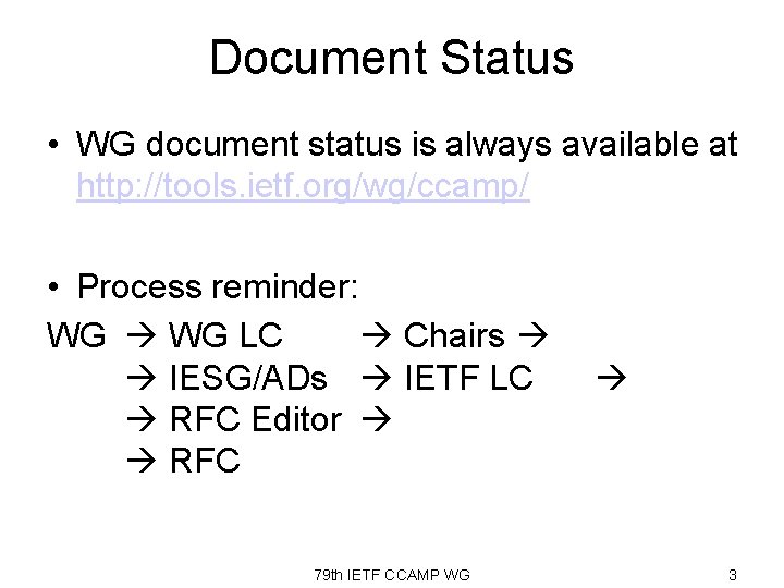 Document Status • WG document status is always available at http: //tools. ietf. org/wg/ccamp/