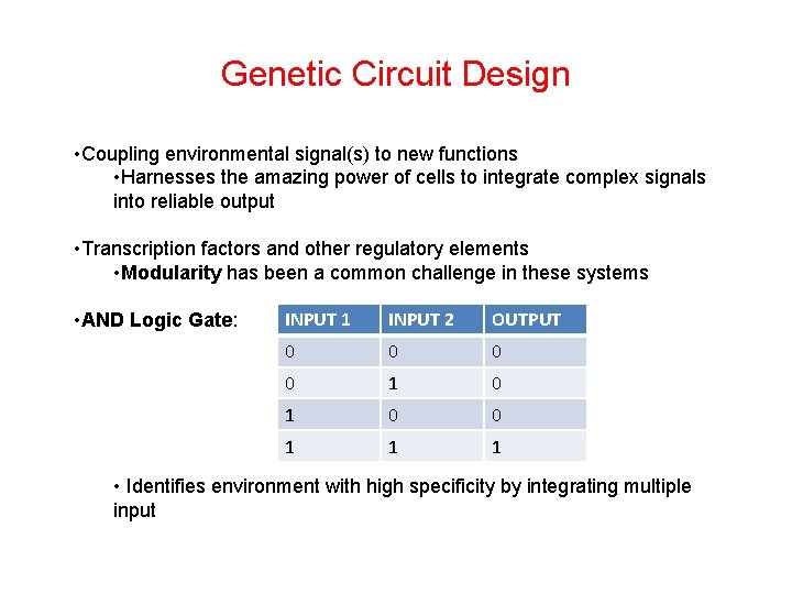 Genetic Circuit Design • Coupling environmental signal(s) to new functions • Harnesses the amazing