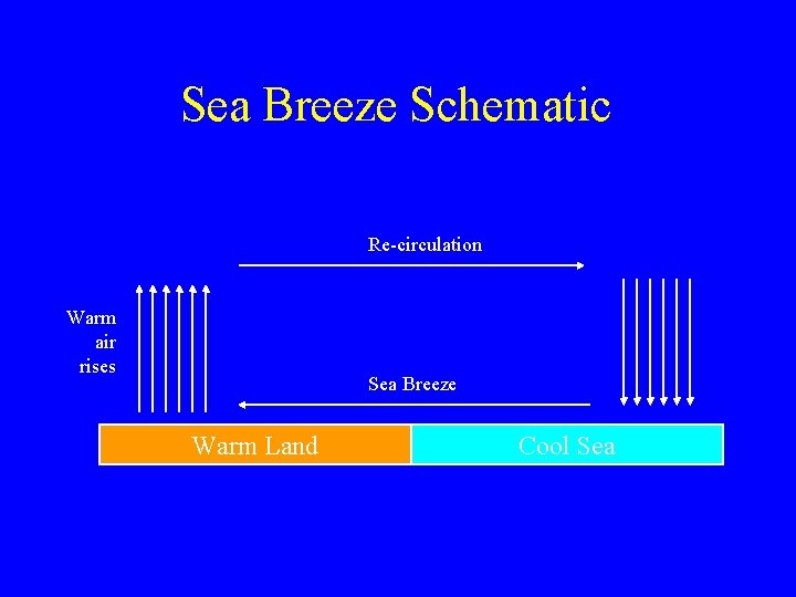Sea Breeze Schematic Re-circulation Warm air rises Sea Breeze Warm Land Cool Sea 