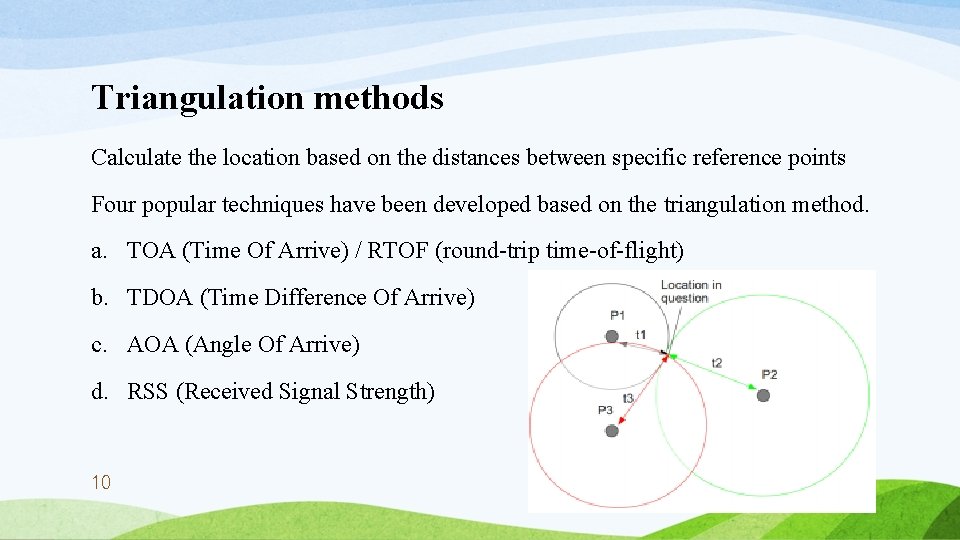 Triangulation methods Calculate the location based on the distances between specific reference points Four