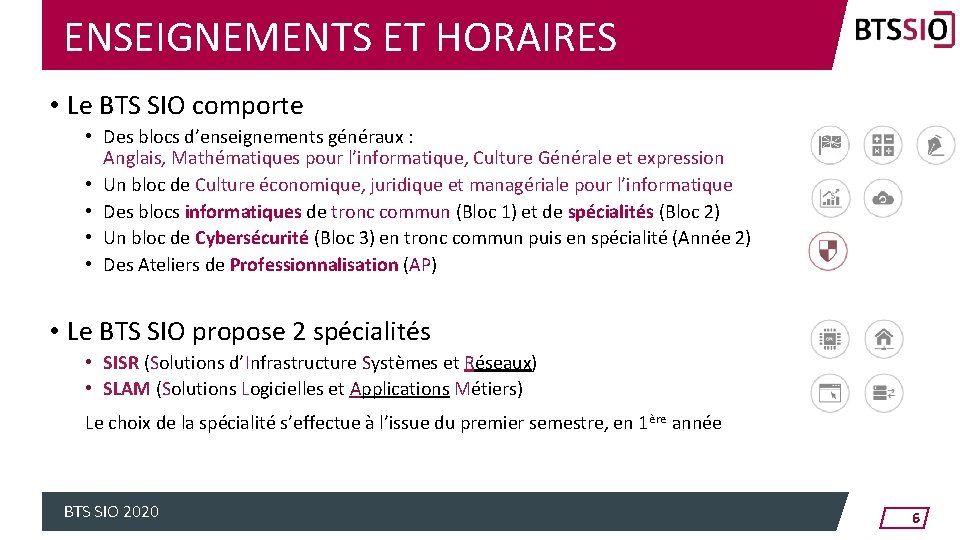 ENSEIGNEMENTS ET HORAIRES • Le BTS SIO comporte • Des blocs d’enseignements généraux :