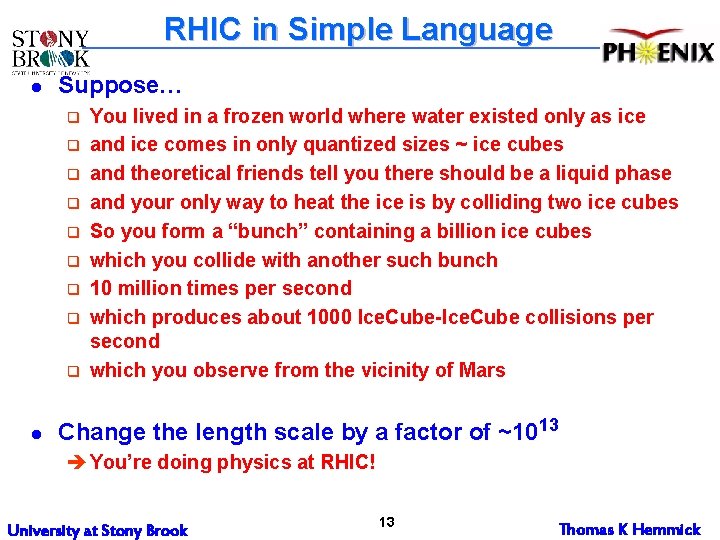 RHIC in Simple Language l Suppose… q q q q q l You lived