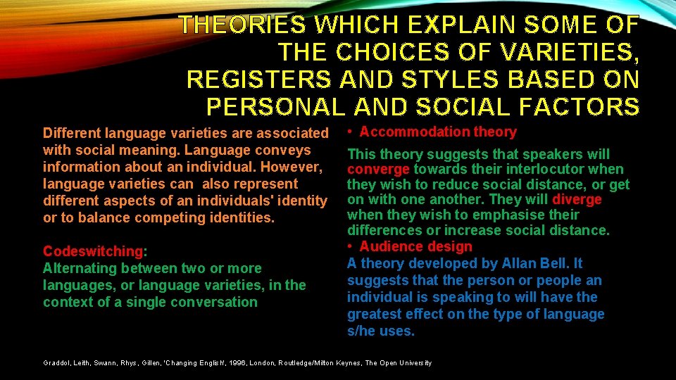 THEORIES WHICH EXPLAIN SOME OF THE CHOICES OF VARIETIES, REGISTERS AND STYLES BASED ON