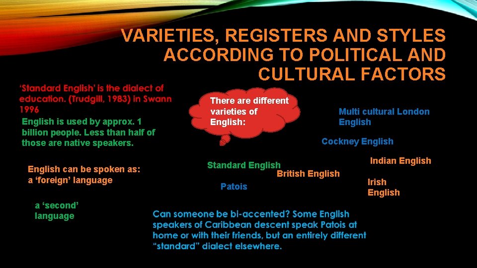 VARIETIES, REGISTERS AND STYLES ACCORDING TO POLITICAL AND CULTURAL FACTORS English is used by