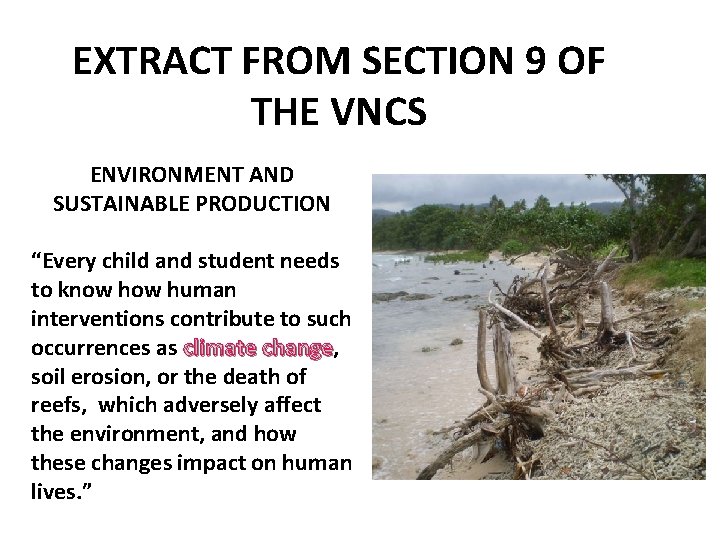 EXTRACT FROM SECTION 9 OF THE VNCS ENVIRONMENT AND SUSTAINABLE PRODUCTION “Every child and
