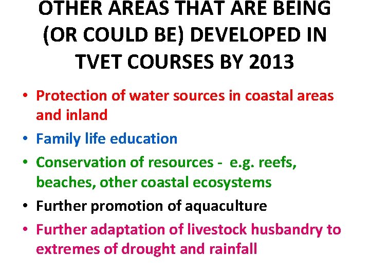 OTHER AREAS THAT ARE BEING (OR COULD BE) DEVELOPED IN TVET COURSES BY 2013