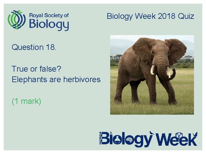 Biology Week 2018 Quiz Question 18. True or false? Elephants are herbivores (1 mark)