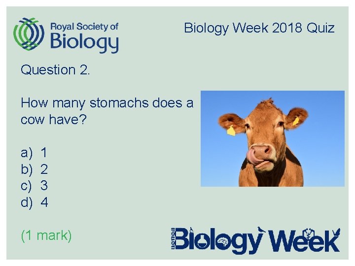 Biology Week 2018 Quiz Question 2. How many stomachs does a cow have? a)