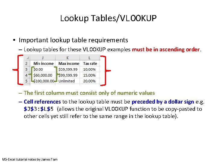Lookup Tables/VLOOKUP • Important lookup table requirements – Lookup tables for these VLOOKUP examples