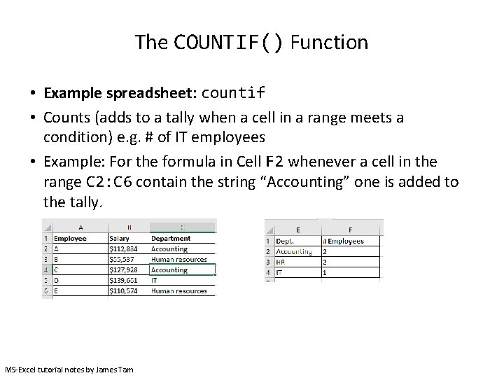 The COUNTIF() Function • Example spreadsheet: countif • Counts (adds to a tally when