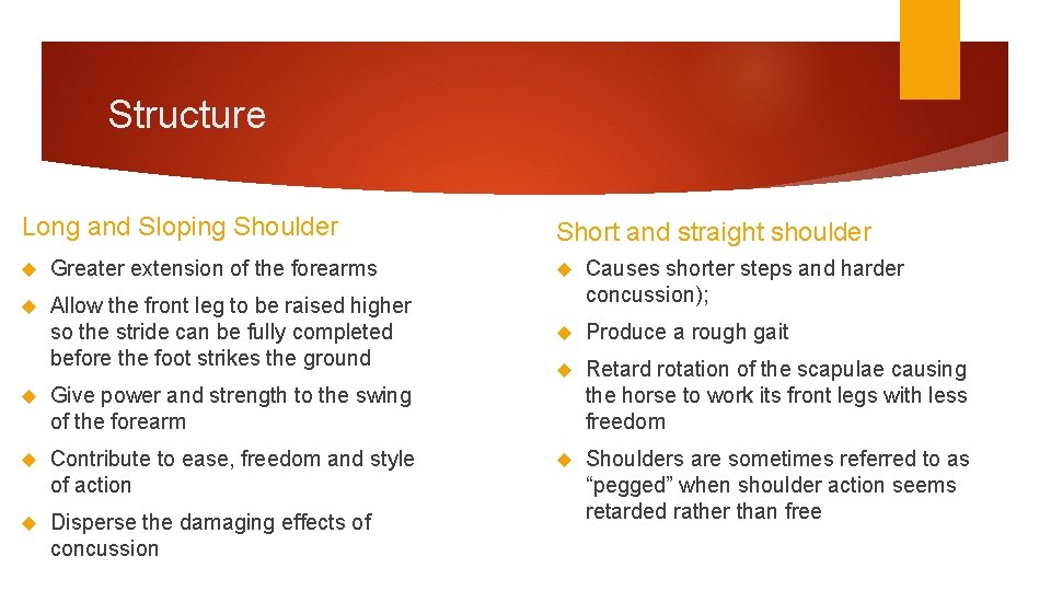Structure Long and Sloping Shoulder Short and straight shoulder Greater extension of the forearms