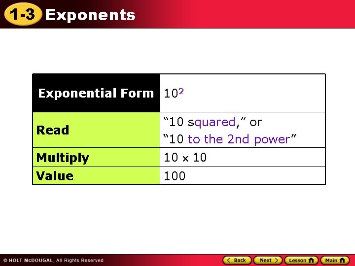 1 -3 Exponents Exponential Form 102 Read “ 10 squared, ” or “ 10