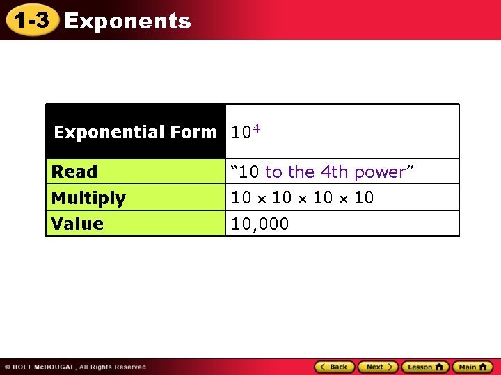 1 -3 Exponents Exponential Form 104 Read “ 10 to the 4 th power”