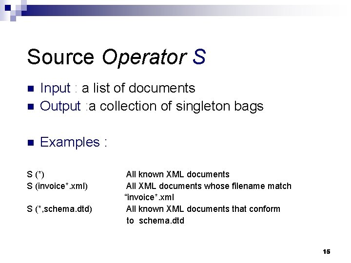 Source Operator S n Input : a list of documents Output : a collection