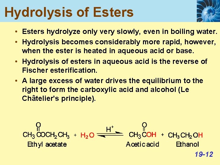 Hydrolysis of Esters • Esters hydrolyze only very slowly, even in boiling water. •