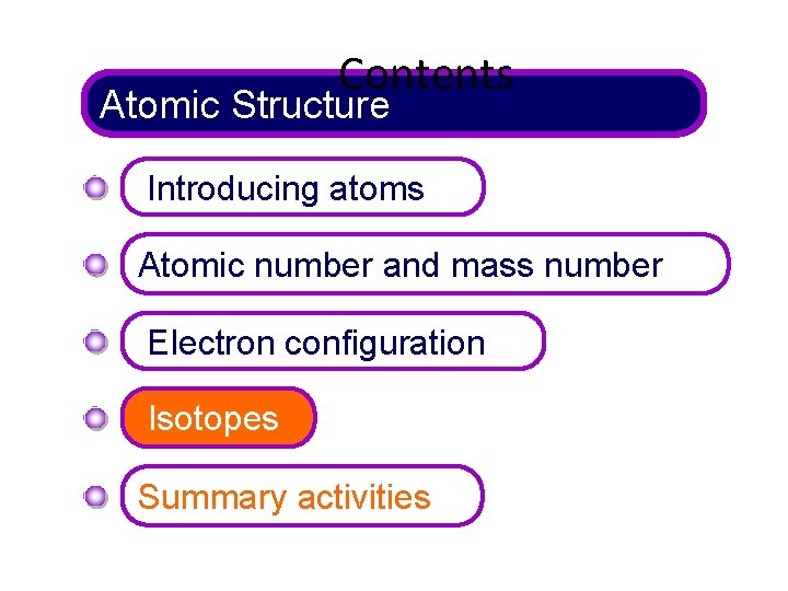 Contents Atomic Structure Introducing atoms Atomic number and mass number Electron configuration Isotopes Summary