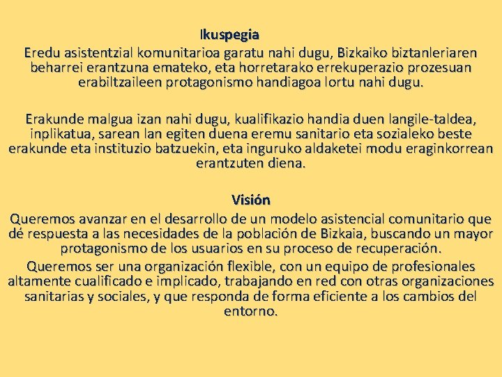 Ikuspegia Eredu asistentzial komunitarioa garatu nahi dugu, Bizkaiko biztanleriaren beharrei erantzuna emateko, eta horretarako