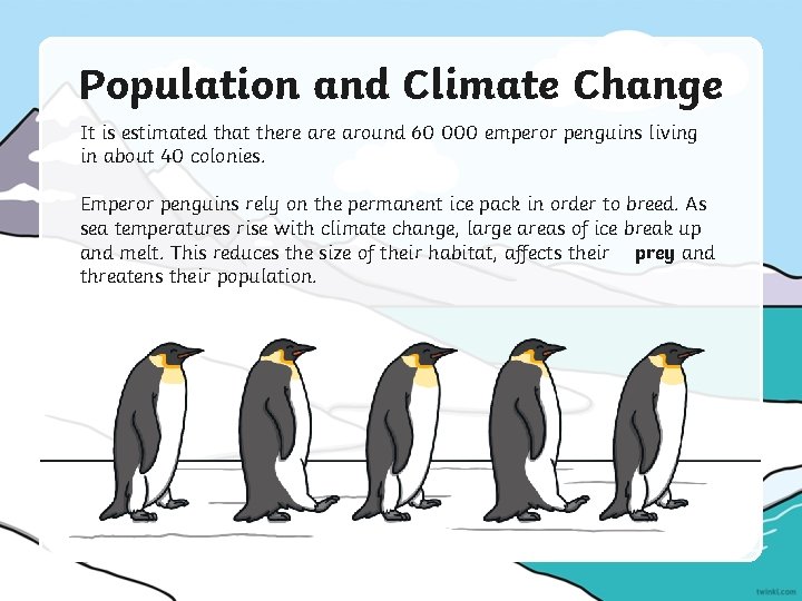 Population and Climate Change It is estimated that there around 60 000 emperor penguins