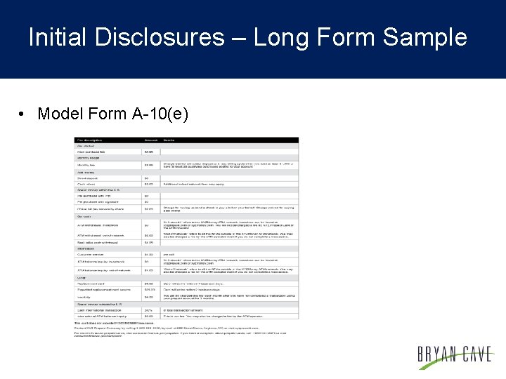Initial Disclosures – Long Form Sample • Model Form A-10(e) 