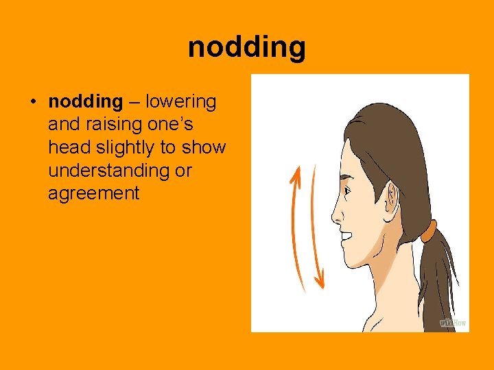 nodding • nodding – lowering and raising one’s head slightly to show understanding or