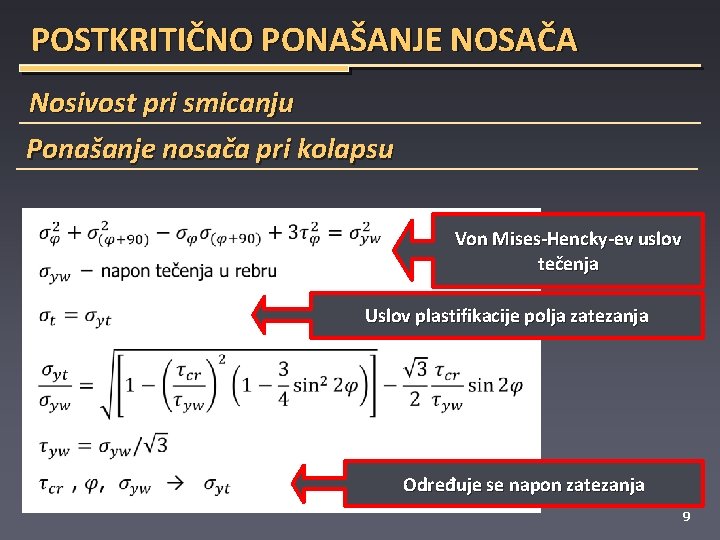 POSTKRITIČNO PONAŠANJE NOSAČA Nosivost pri smicanju Ponašanje nosača pri kolapsu Von Mises-Hencky-ev uslov tečenja