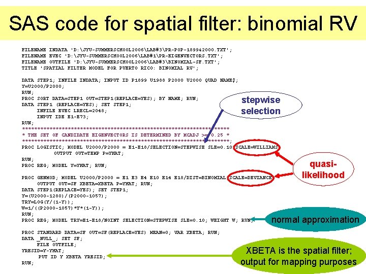 SAS code for spatial filter: binomial RV FILENAME INDATA 'D: JYU-SUMMERSCHOOL 2006LAB#3PR-POP-1899&2000. TXT'; FILENAME