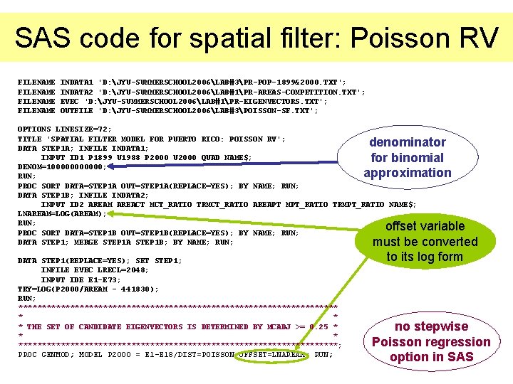 SAS code for spatial filter: Poisson RV FILENAME INDATA 1 'D: JYU-SUMMERSCHOOL 2006LAB#3PR-POP-1899&2000. TXT';
