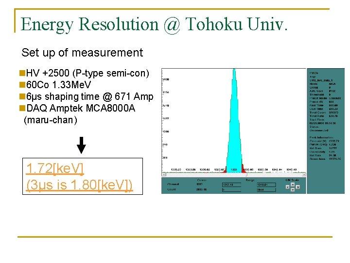 Energy Resolution @ Tohoku Univ. Set up of measurement n. HV +2500 (P-type semi-con)