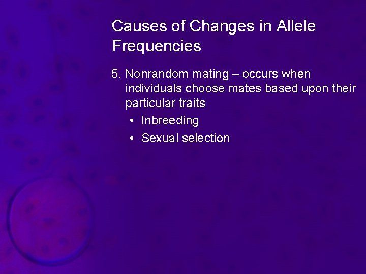 Causes of Changes in Allele Frequencies 5. Nonrandom mating – occurs when individuals choose