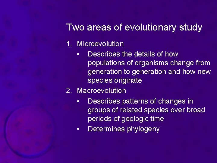 Two areas of evolutionary study 1. Microevolution • Describes the details of how populations