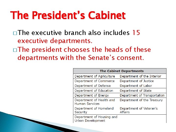 The President’s Cabinet � The executive branch also includes 15 executive departments. � The