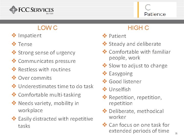 LOW C v Impatient v Tense v Strong sense of urgency v Communicates pressure
